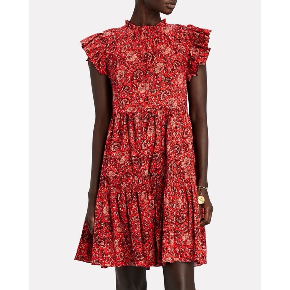 Ulla Johnson Hana Red Floral Mockneck Short Flutter Mini Dress Women’s Size 10